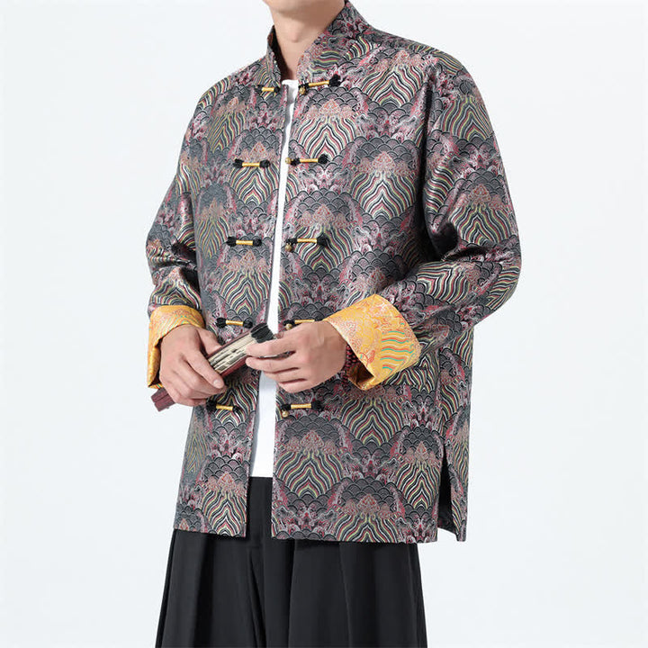 Buddha Stones Fall Winter Vintage Tang Style Frog Button Abstract Ocean Pattern Design Spandex Men's Jacket With Pockets - Thistle - US/UK/AU46，EU56 (5XL) - image 0