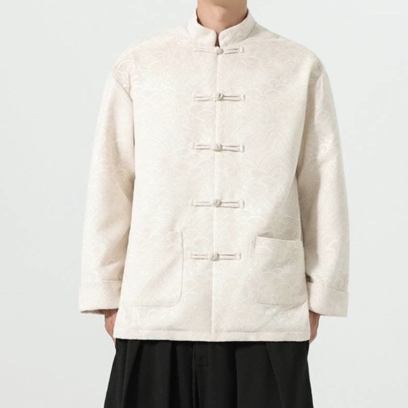 Buddha Stones Fall Winter Tang Style Vintage Mandarin Collar Frog Button Cloud Pattern Spandex Men's Jacket With Pockets - AntiqueWhite - US/UK/AU46，EU56 (5XL) - image 18