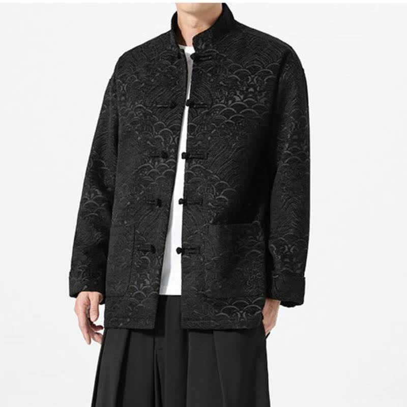 Buddha Stones Fall Winter Tang Style Vintage Mandarin Collar Frog Button Cloud Pattern Spandex Men's Jacket With Pockets - image 9