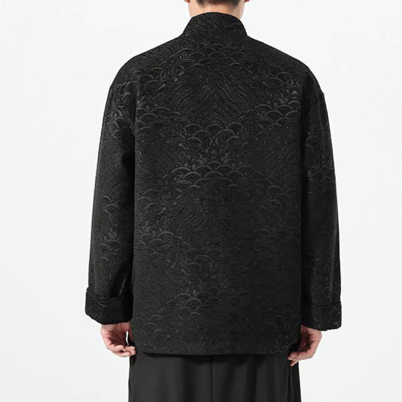 Buddha Stones Fall Winter Tang Style Vintage Mandarin Collar Frog Button Cloud Pattern Spandex Men's Jacket With Pockets - image 11