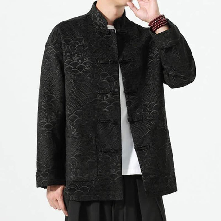 Buddha Stones Fall Winter Tang Style Vintage Mandarin Collar Frog Button Cloud Pattern Spandex Men's Jacket With Pockets - image 8