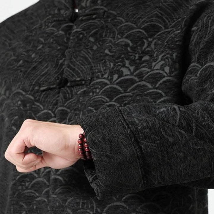 Buddha Stones Fall Winter Tang Style Vintage Mandarin Collar Frog Button Cloud Pattern Spandex Men's Jacket With Pockets - image 15