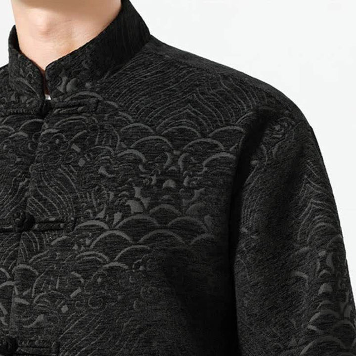Buddha Stones Fall Winter Tang Style Vintage Mandarin Collar Frog Button Cloud Pattern Spandex Men's Jacket With Pockets - image 14