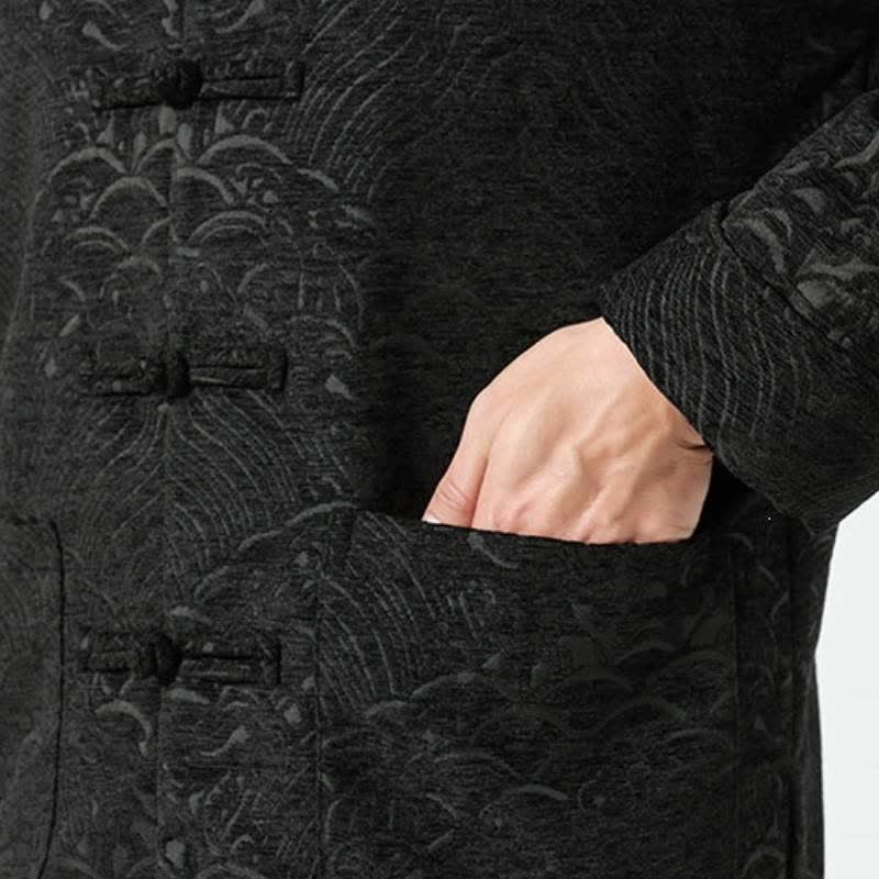 Buddha Stones Fall Winter Tang Style Vintage Mandarin Collar Frog Button Cloud Pattern Spandex Men's Jacket With Pockets - image 16