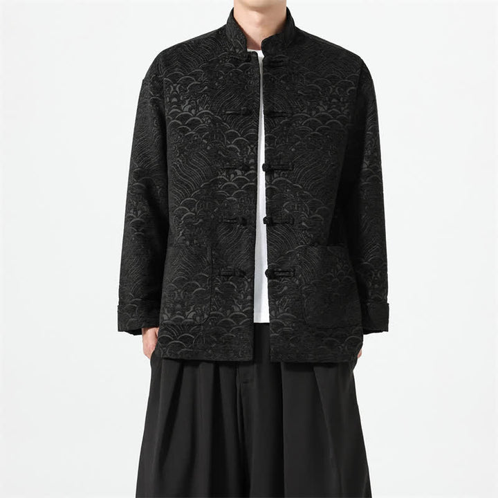 Buddha Stones Fall Winter Tang Style Vintage Mandarin Collar Frog Button Cloud Pattern Spandex Men's Jacket With Pockets - Black - US/UK/AU46，EU56 (5XL) - image 7