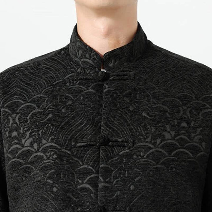 Buddha Stones Fall Winter Tang Style Vintage Mandarin Collar Frog Button Cloud Pattern Spandex Men's Jacket With Pockets - image 13