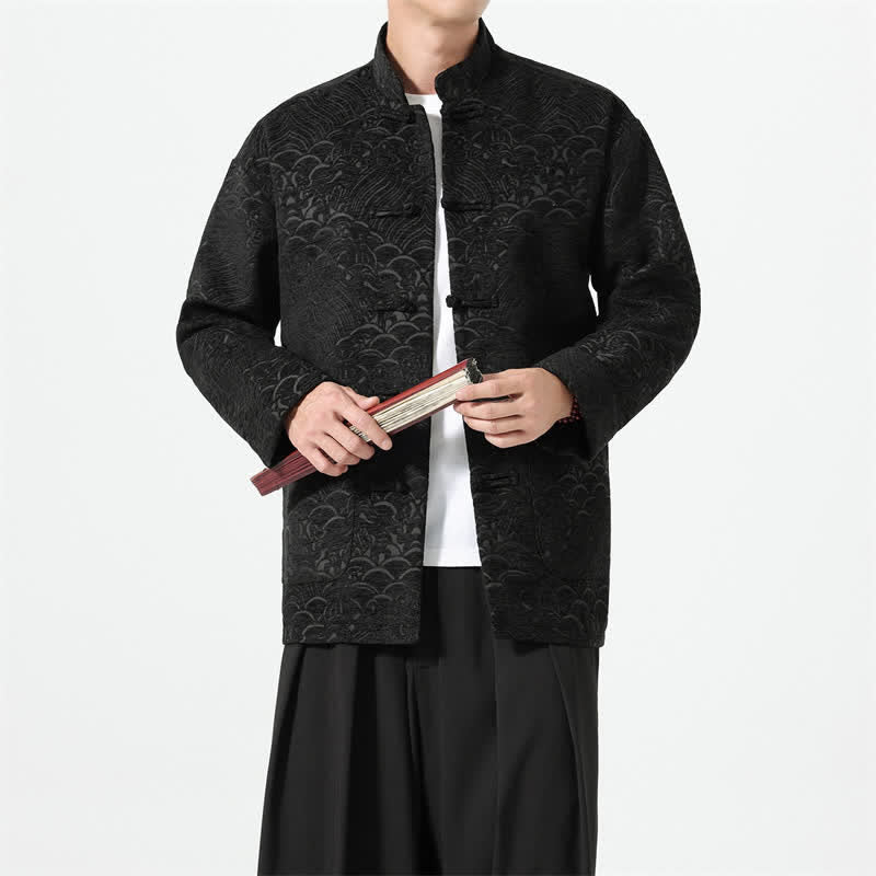 Buddha Stones Fall Winter Tang Style Vintage Mandarin Collar Frog Button Cloud Pattern Spandex Men's Jacket With Pockets - image 12