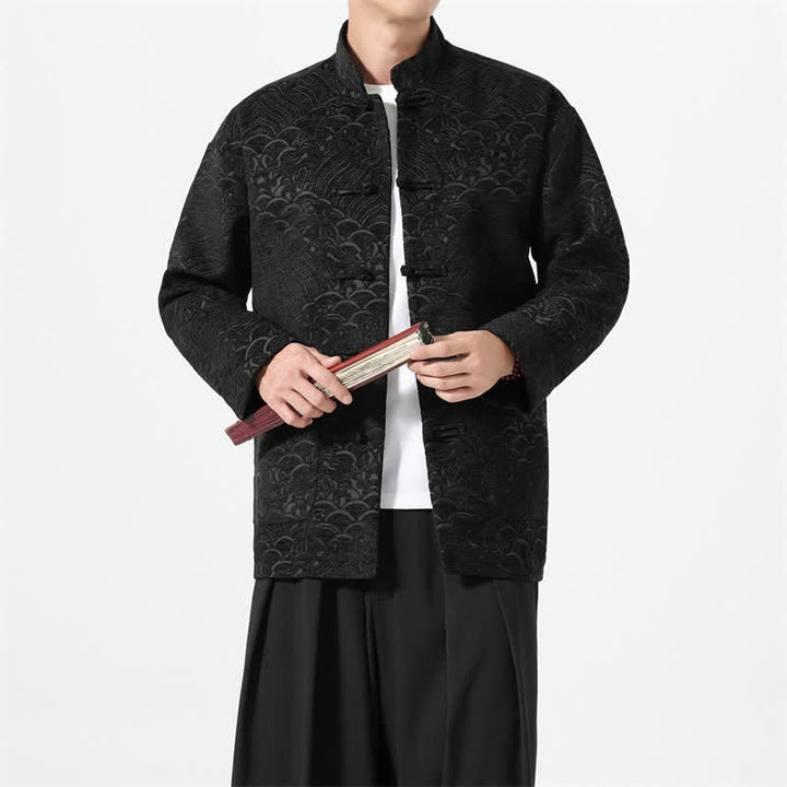 Buddha Stones Fall Winter Tang Style Vintage Mandarin Collar Frog Button Cloud Pattern Spandex Men's Jacket With Pockets - image 12