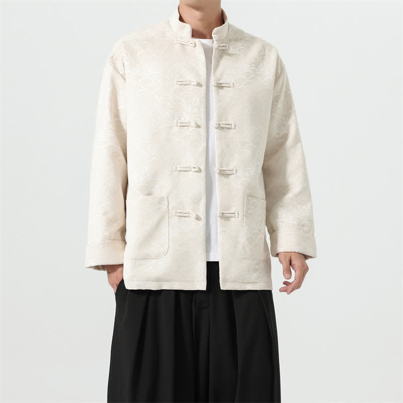 Buddha Stones Fall Winter Tang Style Vintage Mandarin Collar Frog Button Cloud Pattern Spandex Men's Jacket With Pockets - image 23
