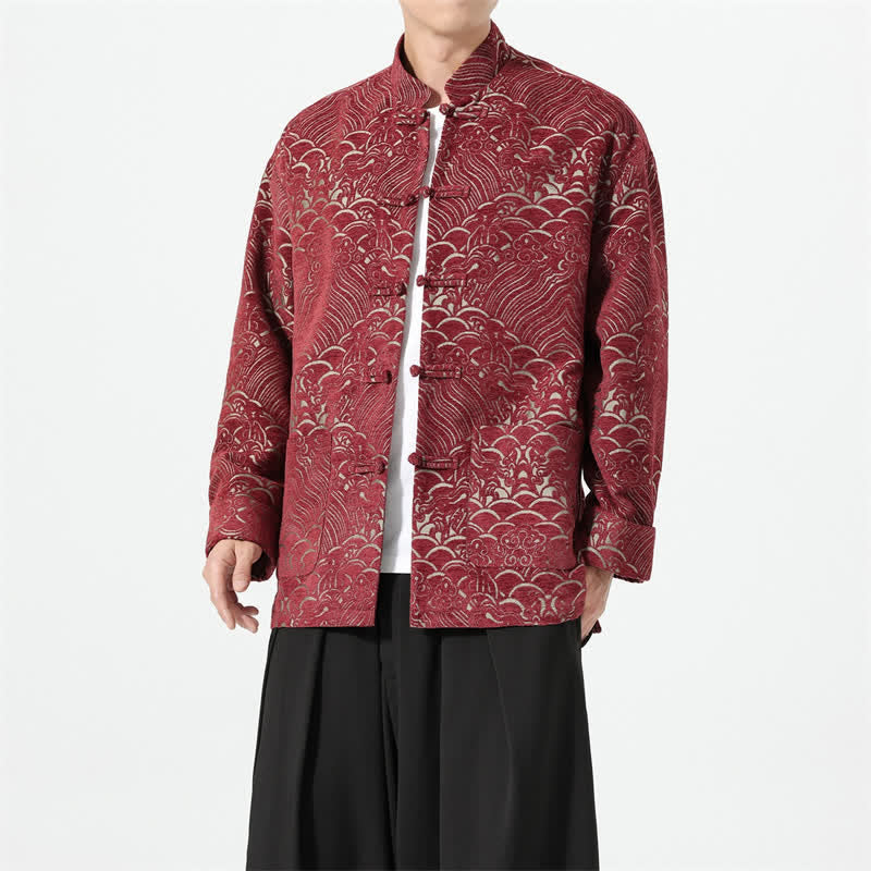 Buddha Stones Fall Winter Tang Style Vintage Mandarin Collar Frog Button Cloud Pattern Spandex Men's Jacket With Pockets - image 1