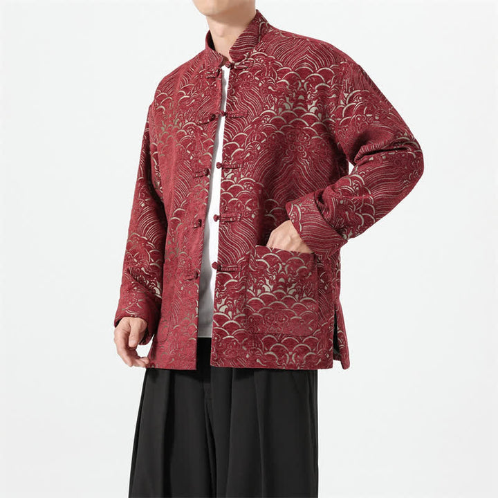 Buddha Stones Fall Winter Tang Style Vintage Mandarin Collar Frog Button Cloud Pattern Spandex Men's Jacket With Pockets - image 2