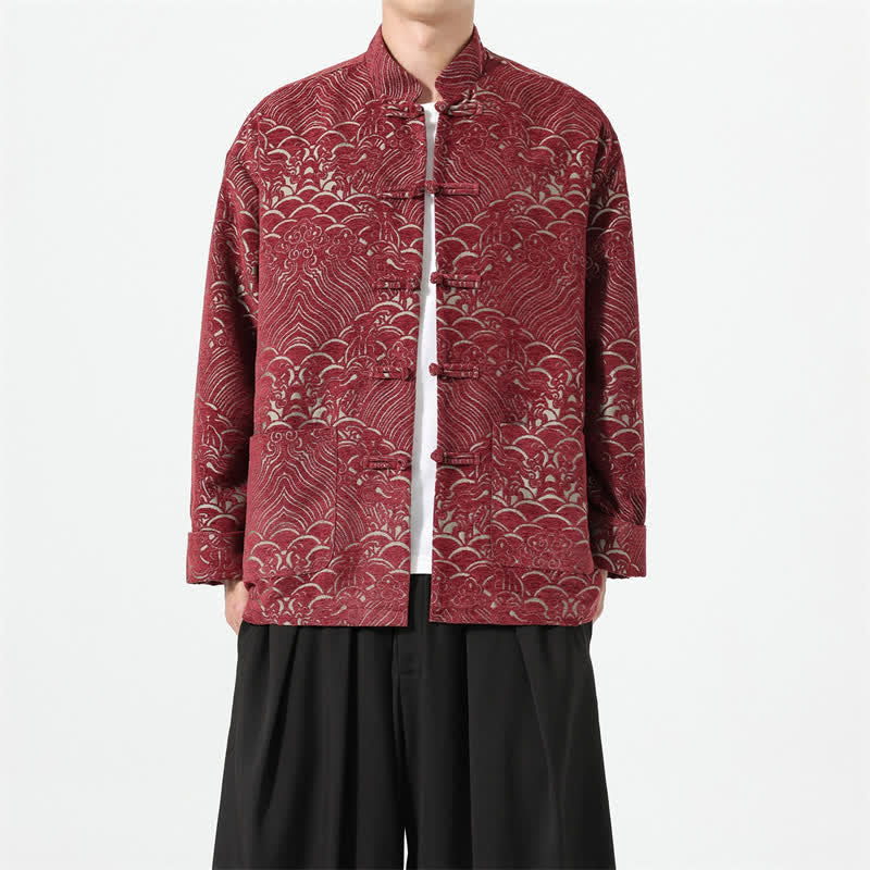 Buddha Stones Fall Winter Tang Style Vintage Mandarin Collar Frog Button Cloud Pattern Spandex Men's Jacket With Pockets - image 6