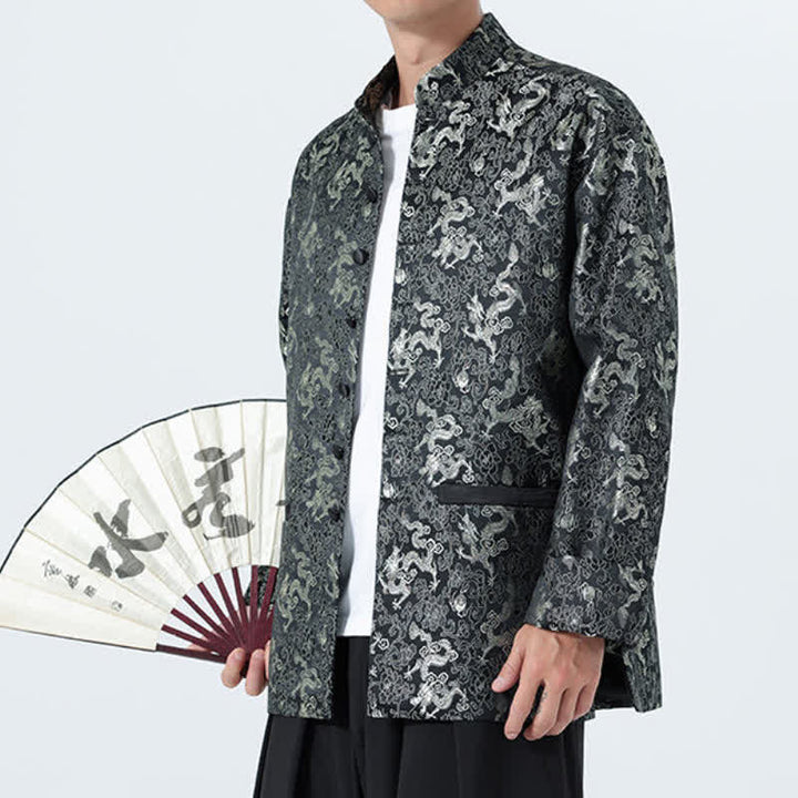 Buddha Stones Fall Winter Tang Style Elegant Mandarin Collar Abstract Dragon Men's Jacket With Pockets - image 2