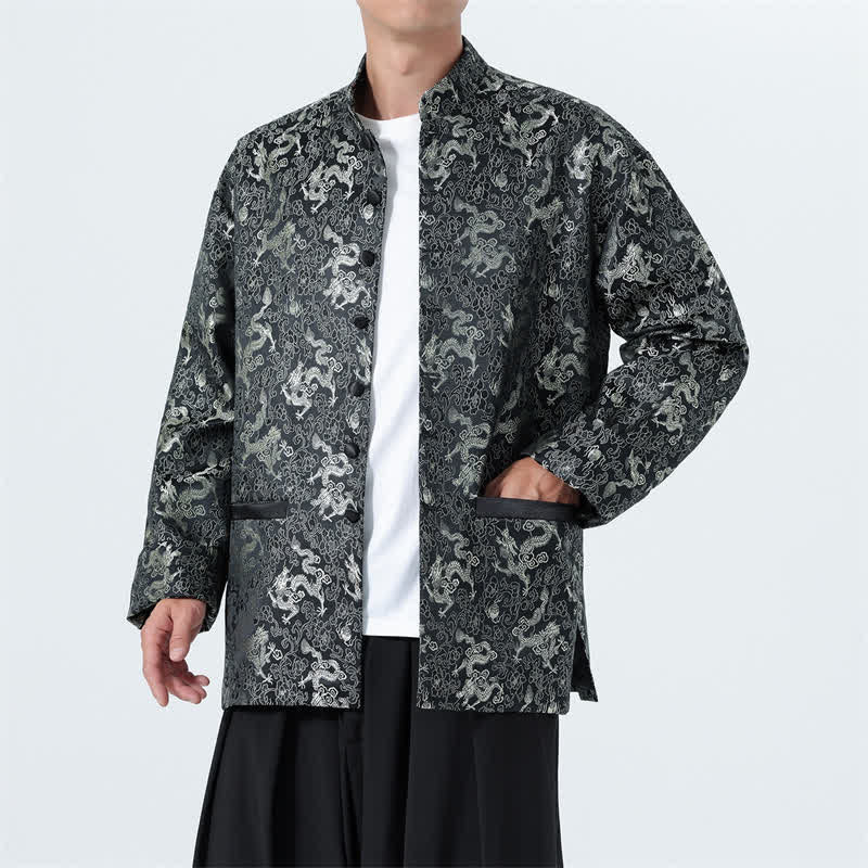 Buddha Stones Fall Winter Tang Style Elegant Mandarin Collar Abstract Dragon Men's Jacket With Pockets - image 3