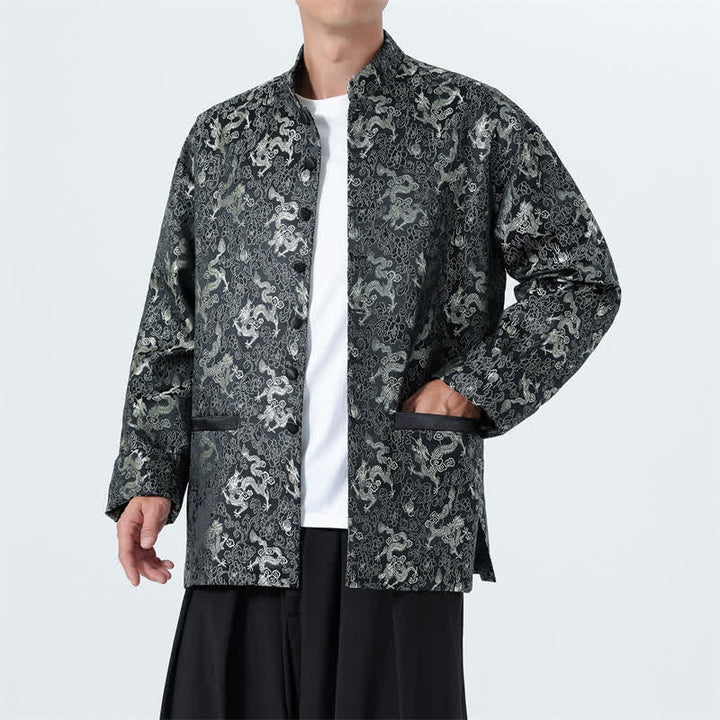 Buddha Stones Fall Winter Tang Style Elegant Mandarin Collar Abstract Dragon Men's Jacket With Pockets - image 3
