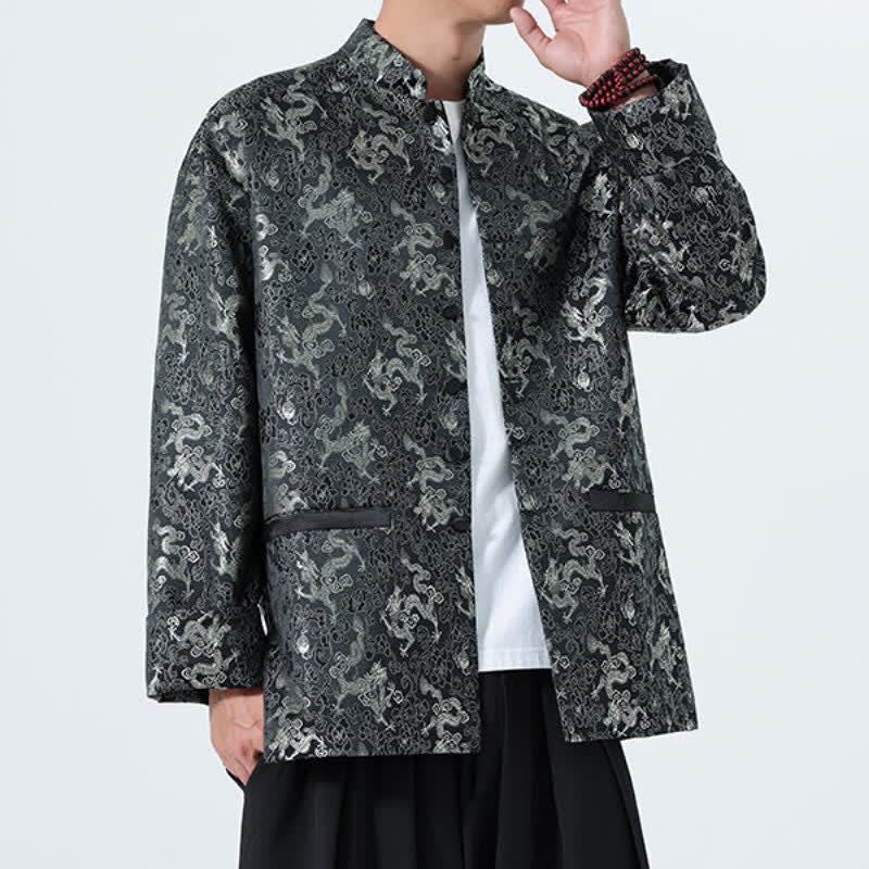 Buddha Stones Fall Winter Tang Style Elegant Mandarin Collar Abstract Dragon Men's Jacket With Pockets - image 5