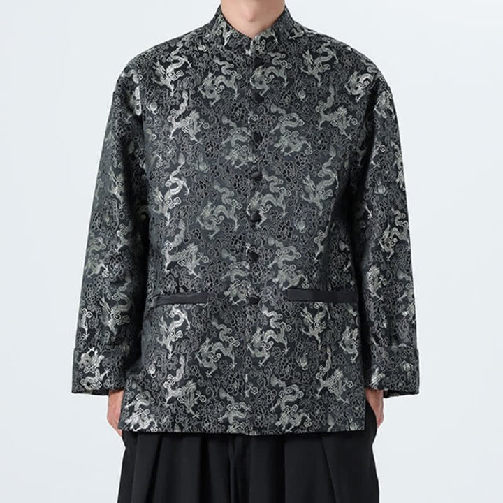 Buddha Stones Fall Winter Tang Style Elegant Mandarin Collar Abstract Dragon Men's Jacket With Pockets - image 7