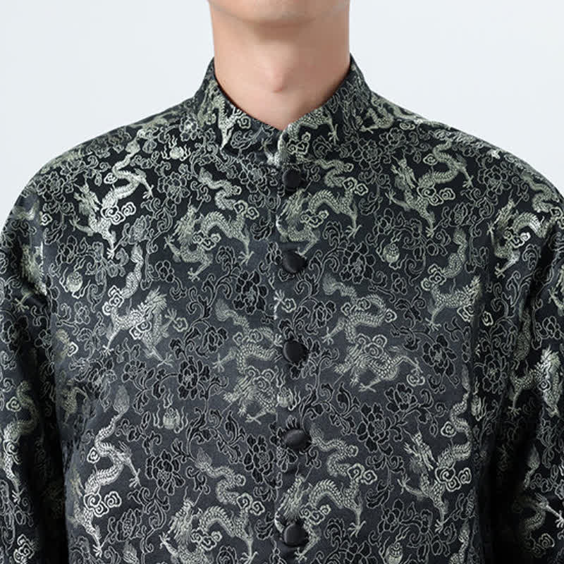 Buddha Stones Fall Winter Tang Style Elegant Mandarin Collar Abstract Dragon Men's Jacket With Pockets - image 9