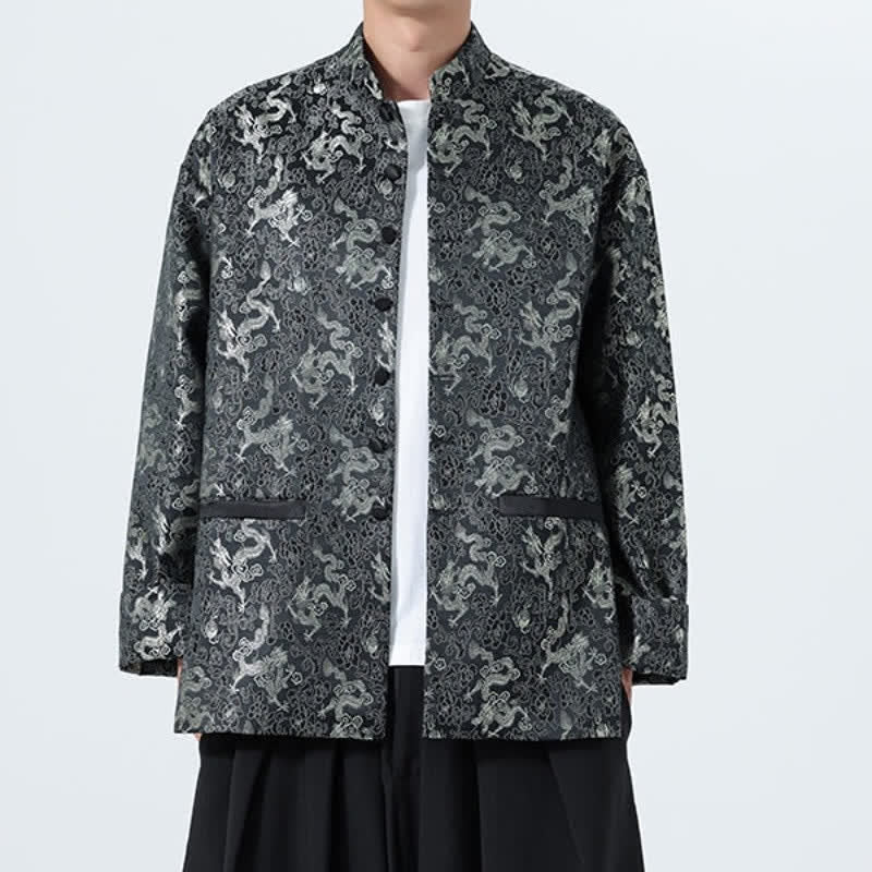 Buddha Stones Fall Winter Tang Style Elegant Mandarin Collar Abstract Dragon Men's Jacket With Pockets - image 8