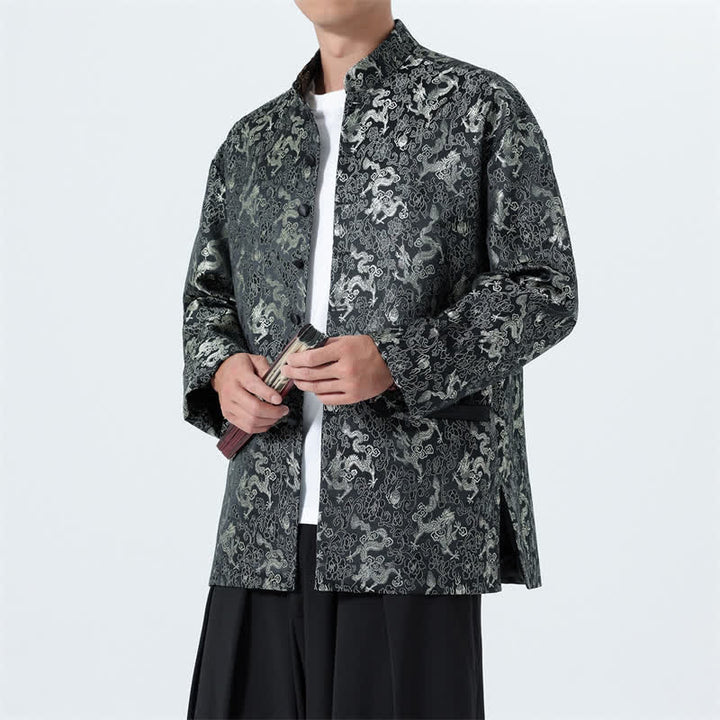 Buddha Stones Fall Winter Tang Style Elegant Mandarin Collar Abstract Dragon Men's Jacket With Pockets - image 6
