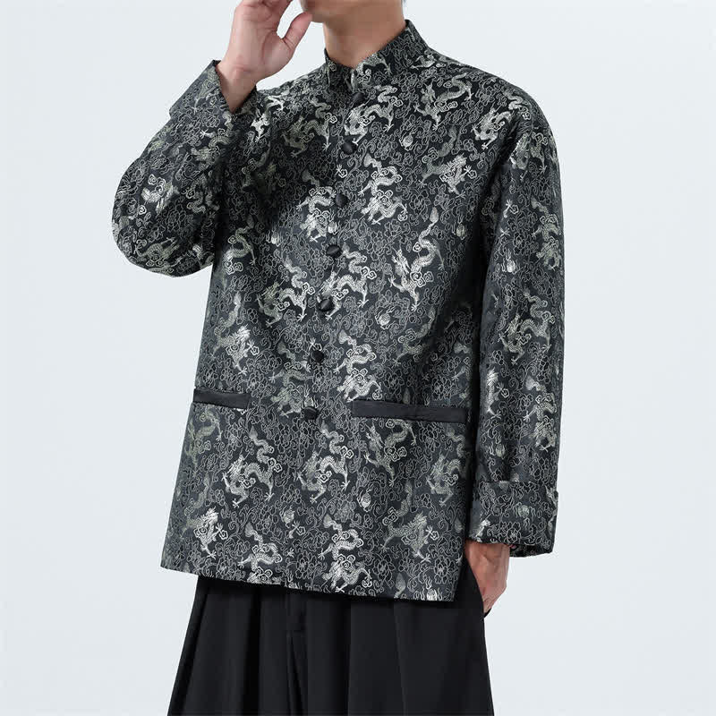 Buddha Stones Fall Winter Tang Style Elegant Mandarin Collar Abstract Dragon Men's Jacket With Pockets - image 1