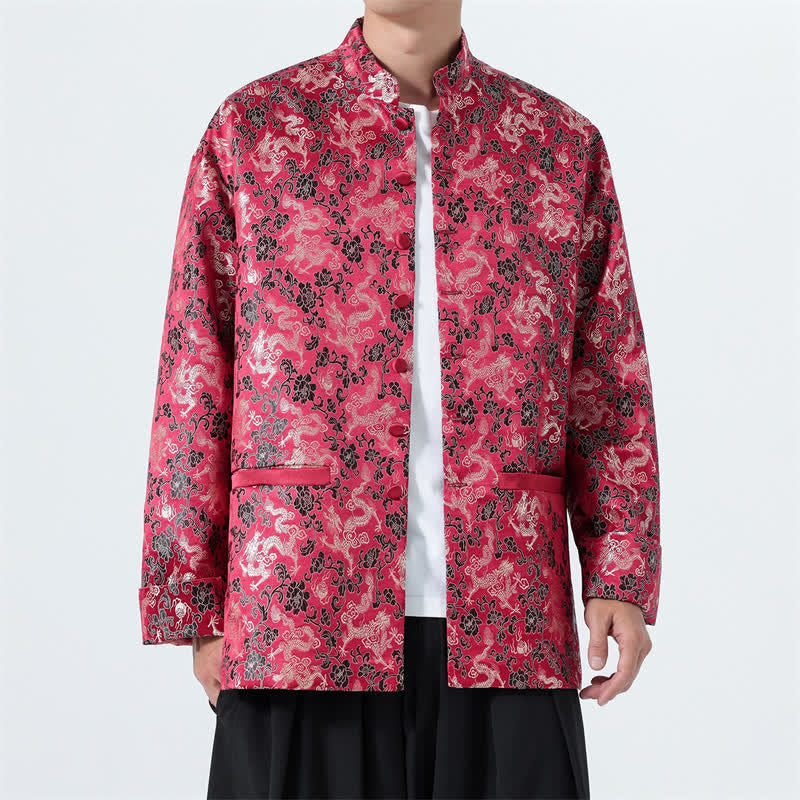 Buddha Stones Fall Winter Tang Style Elegant Mandarin Collar Abstract Dragon Men's Jacket With Pockets - Crimson - US/UK/AU46，EU56 (5XL) - image 13