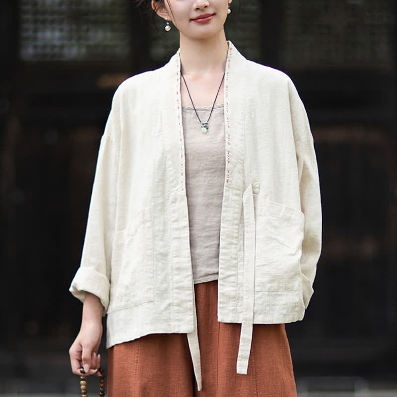 Buddha Stones Spring Summer Casual Minimalist Solid Ramie Women's Kimono With Pockets - image 10