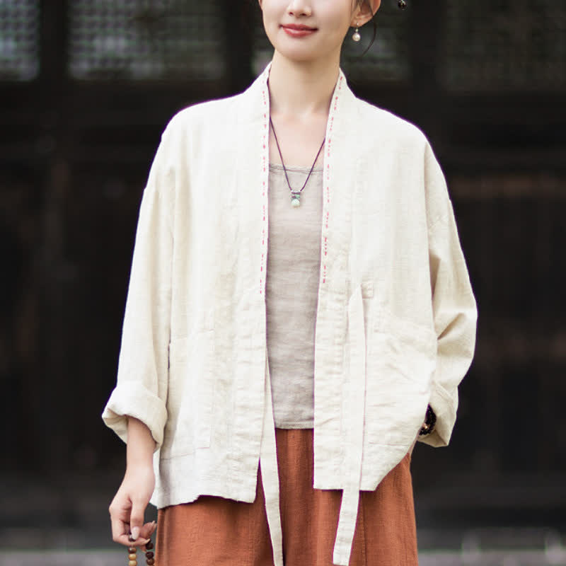Buddha Stones Spring Summer Casual Minimalist Solid Ramie Women's Kimono With Pockets - Beige - US4-6，UK/AU8-10，EU36-38 (F) - image 7