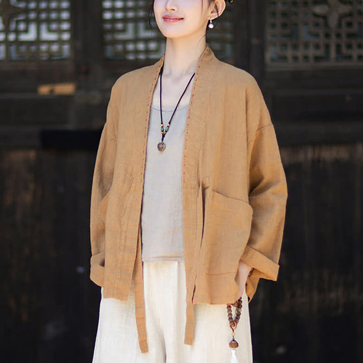 Buddha Stones Spring Summer Casual Minimalist Solid Ramie Women's Kimono With Pockets - image 15