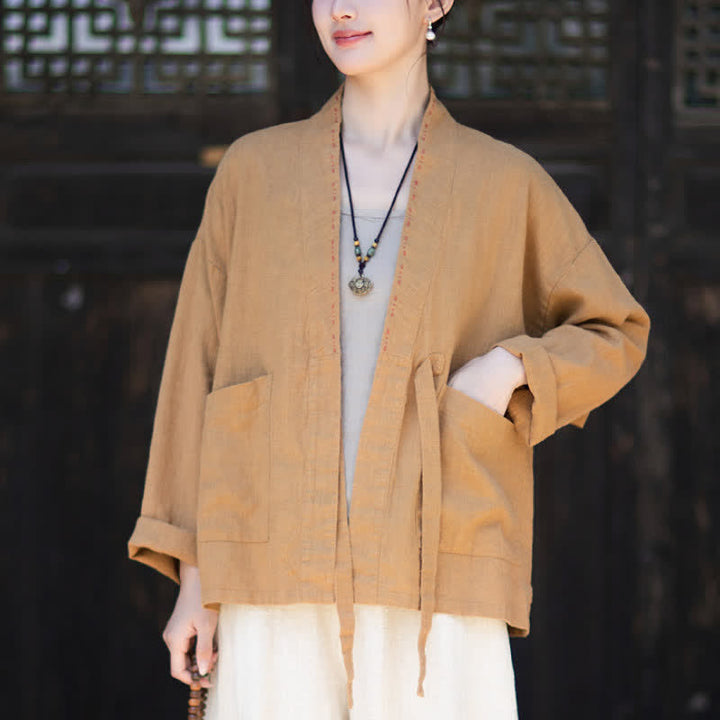 Buddha Stones Spring Summer Casual Minimalist Solid Ramie Women's Kimono With Pockets - Peru - US4-6，UK/AU8-10，EU36-38 (F) - image 13