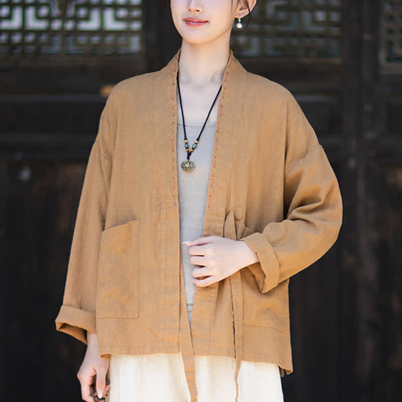 Buddha Stones Spring Summer Casual Minimalist Solid Ramie Women's Kimono With Pockets - image 12