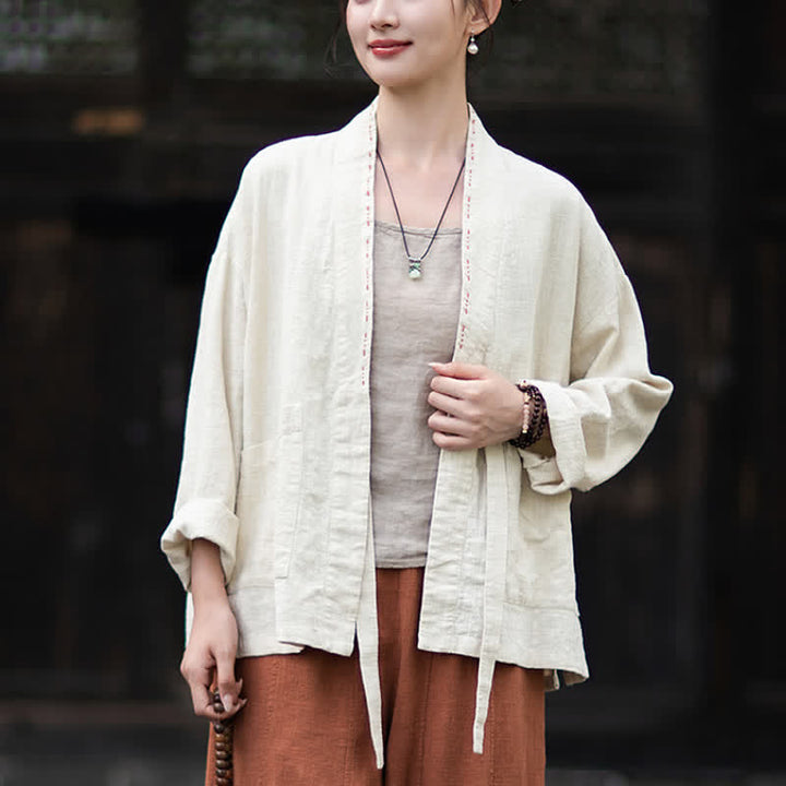 Buddha Stones Spring Summer Casual Minimalist Solid Ramie Women's Kimono With Pockets - image 8
