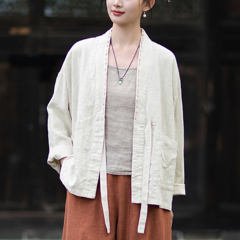 Buddha Stones Spring Summer Casual Minimalist Solid Ramie Women's Kimono With Pockets - image 9