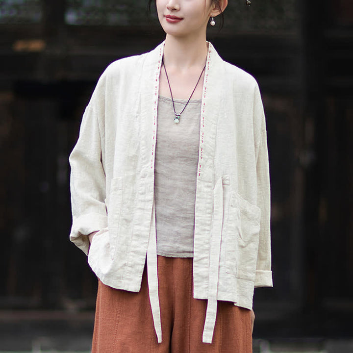 Buddha Stones Spring Summer Casual Minimalist Solid Ramie Women's Kimono With Pockets - image 9