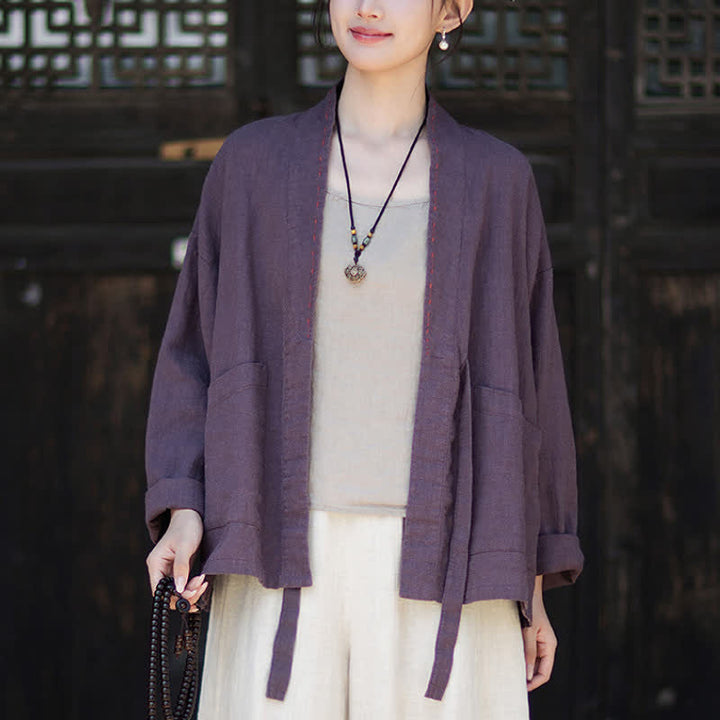 Buddha Stones Spring Summer Casual Minimalist Solid Ramie Women's Kimono With Pockets - image 4