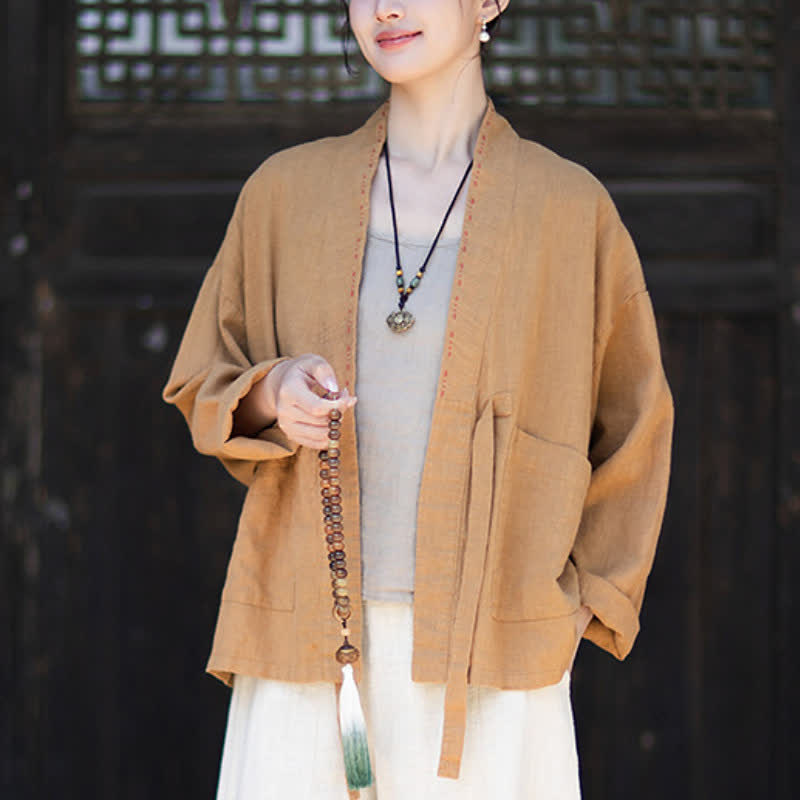 Buddha Stones Spring Summer Casual Minimalist Solid Ramie Women's Kimono With Pockets - image 14