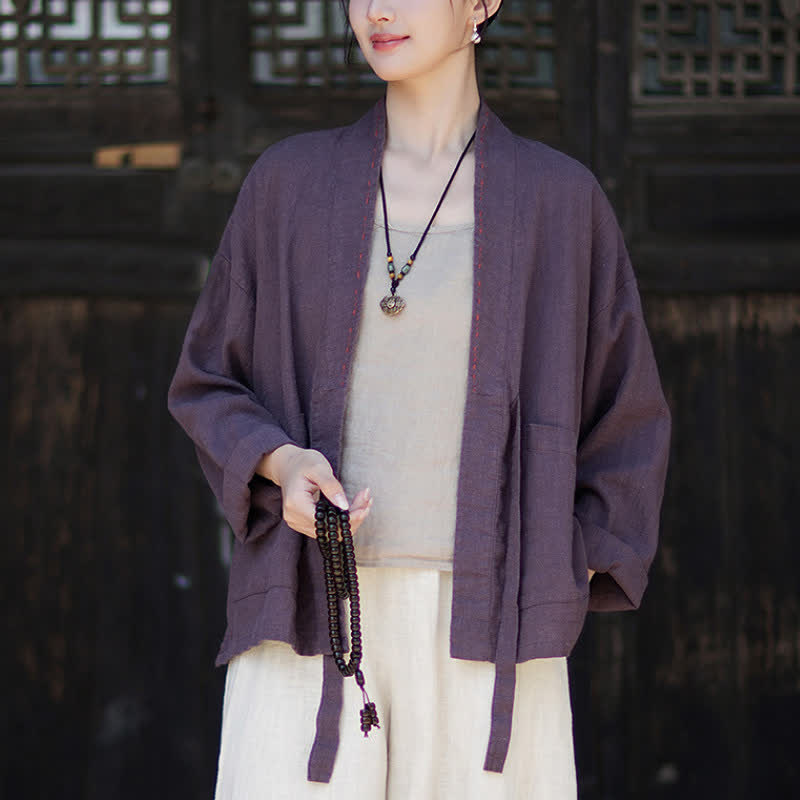 Buddha Stones Spring Summer Casual Minimalist Solid Ramie Women's Kimono With Pockets - image 2