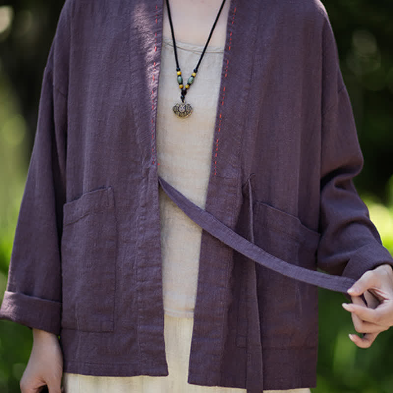 Buddha Stones Spring Summer Casual Minimalist Solid Ramie Women's Kimono With Pockets - image 6