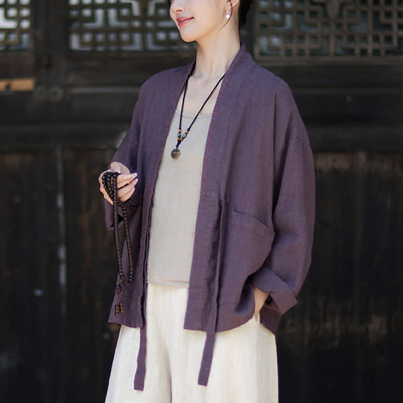 Buddha Stones Spring Summer Casual Minimalist Solid Ramie Women's Kimono With Pockets - image 3