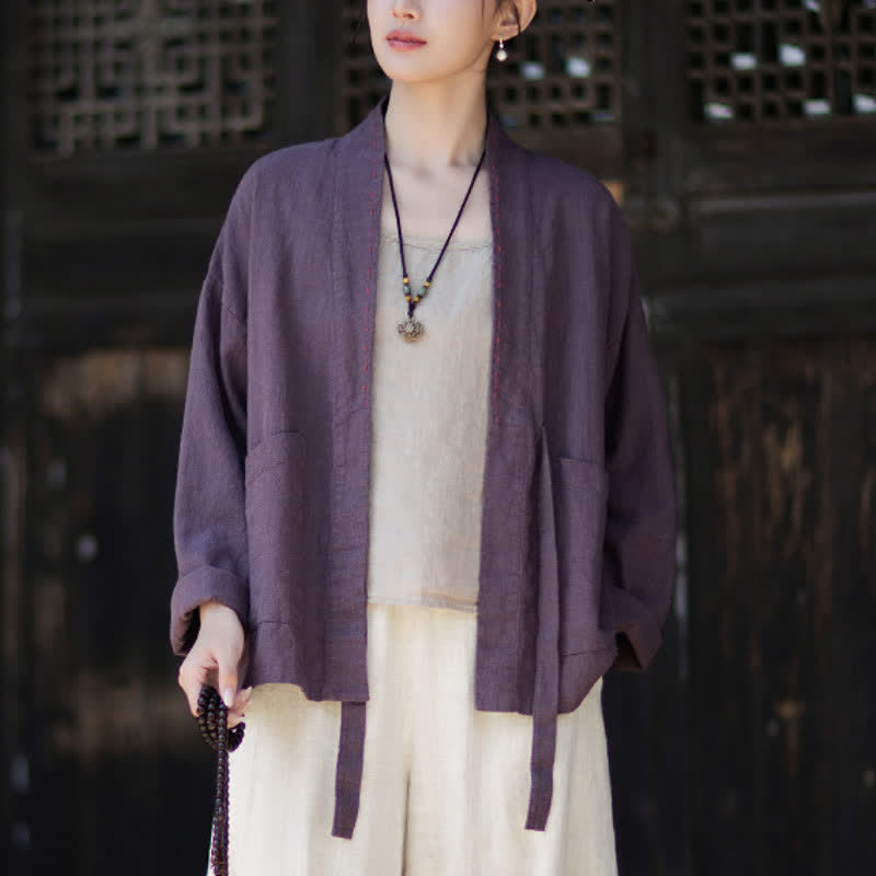 Buddha Stones Spring Summer Casual Minimalist Solid Ramie Women's Kimono With Pockets - image 5