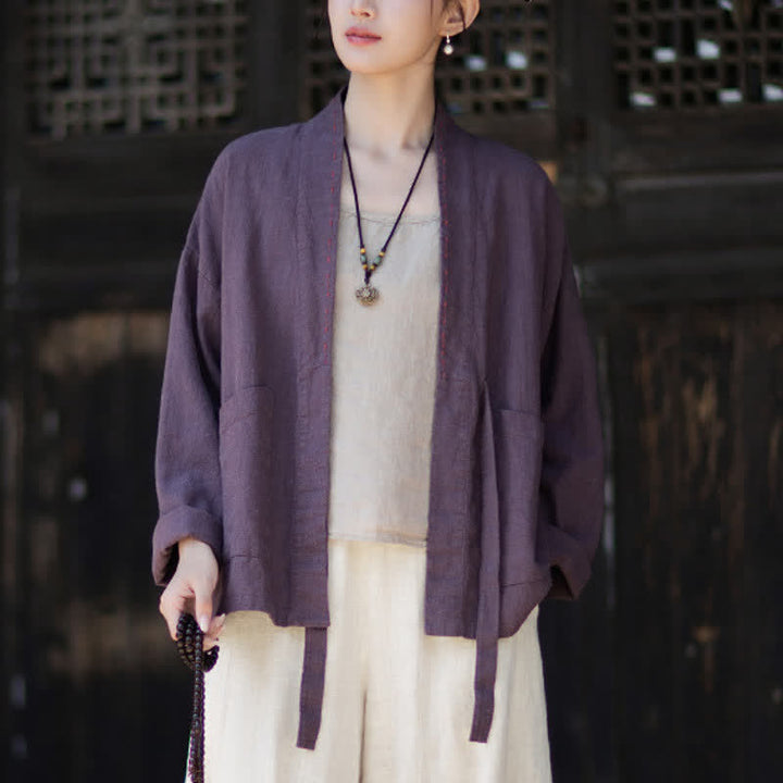 Buddha Stones Spring Summer Casual Minimalist Solid Ramie Women's Kimono With Pockets - image 5
