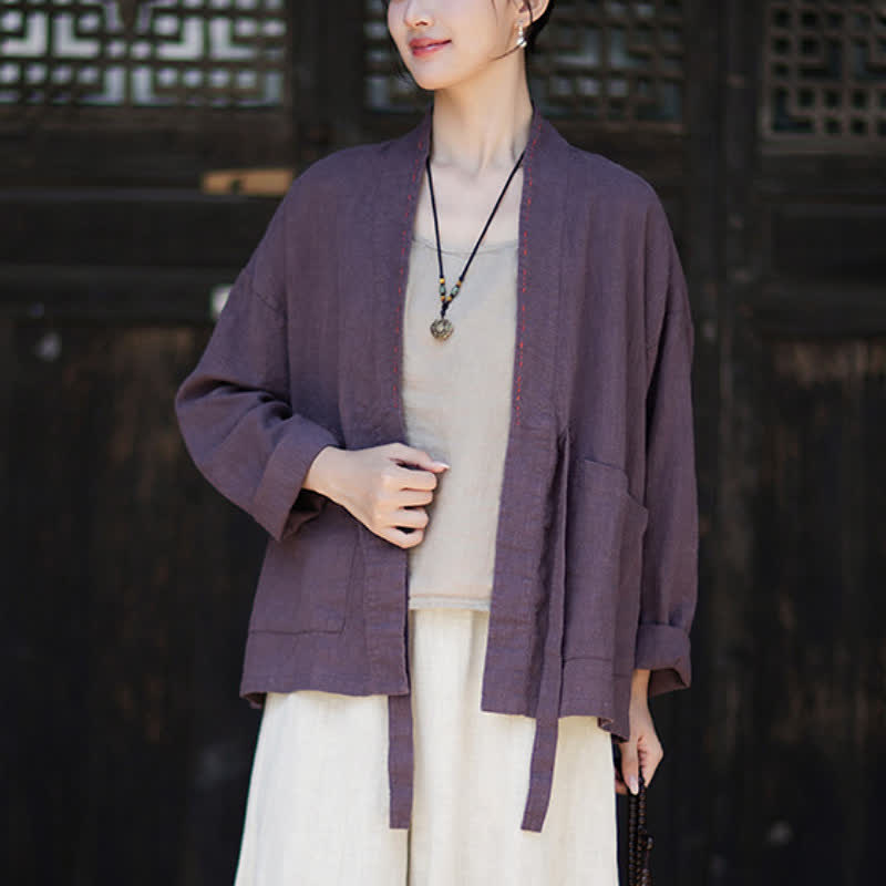 Buddha Stones Spring Summer Casual Minimalist Solid Ramie Women's Kimono With Pockets - image 1