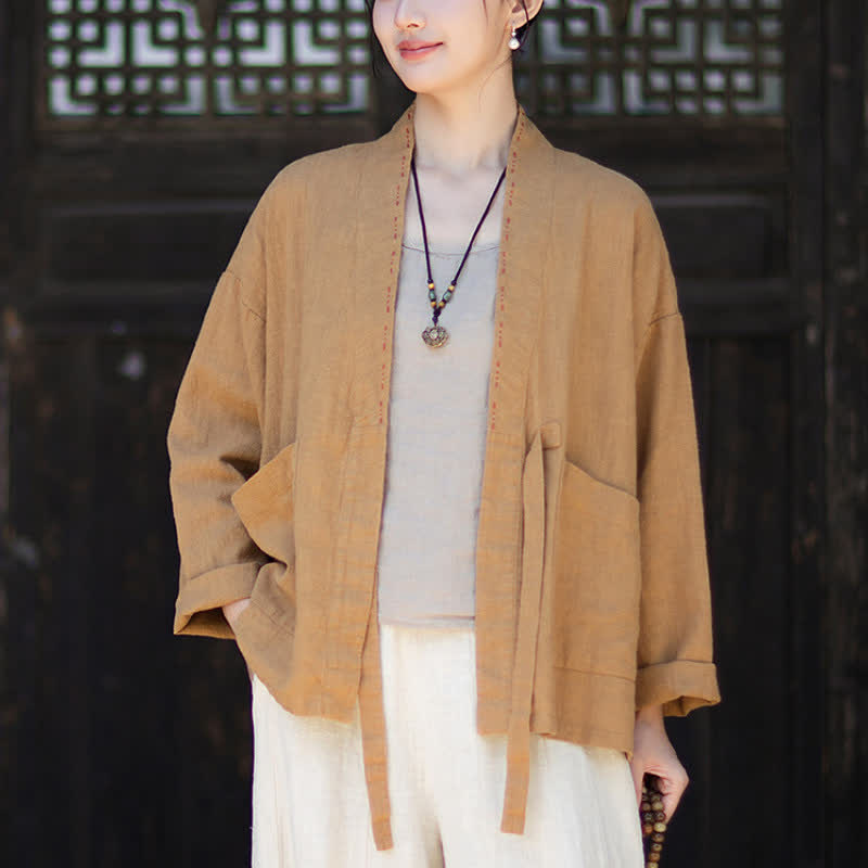 Buddha Stones Spring Summer Casual Minimalist Solid Ramie Women's Kimono With Pockets - image 11