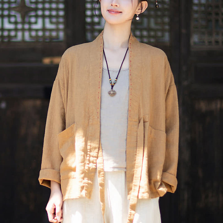 Buddha Stones Spring Summer Casual Minimalist Solid Ramie Women's Kimono With Pockets - image 16