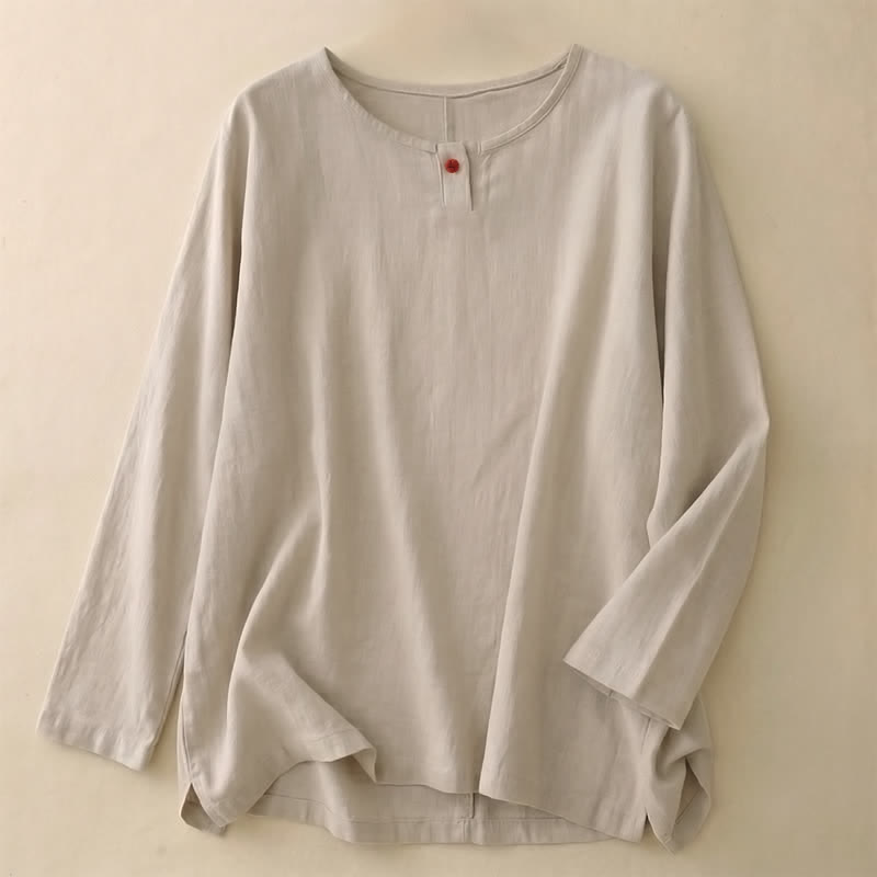 Buddha Stones Spring Fall Casual Simple Solid Crew Neck Design Cotton Women's Long Sleeve T-Shirt - Linen - US14，UK/AU18，EU46 (2XL) - image 0