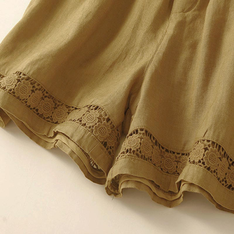 Buddha Stones Plain Color Bottom Hollow Lace Design Lace-up Cotton Women's Shorts With Pockets - image 53