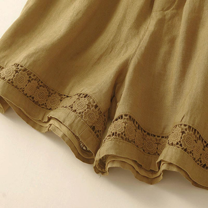 Buddha Stones Plain Color Bottom Hollow Lace Design Lace-up Cotton Women's Shorts With Pockets - image 53