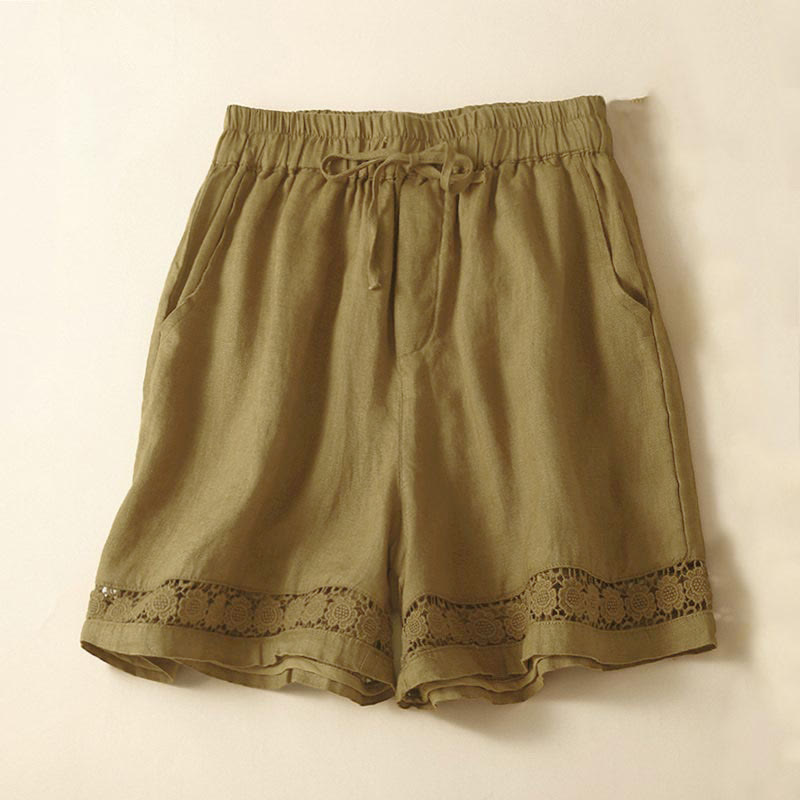 Buddha Stones Plain Color Bottom Hollow Lace Design Lace-up Cotton Women's Shorts With Pockets - Goldenrod - US12，UK/AU16，EU44 (3XL) - image 49