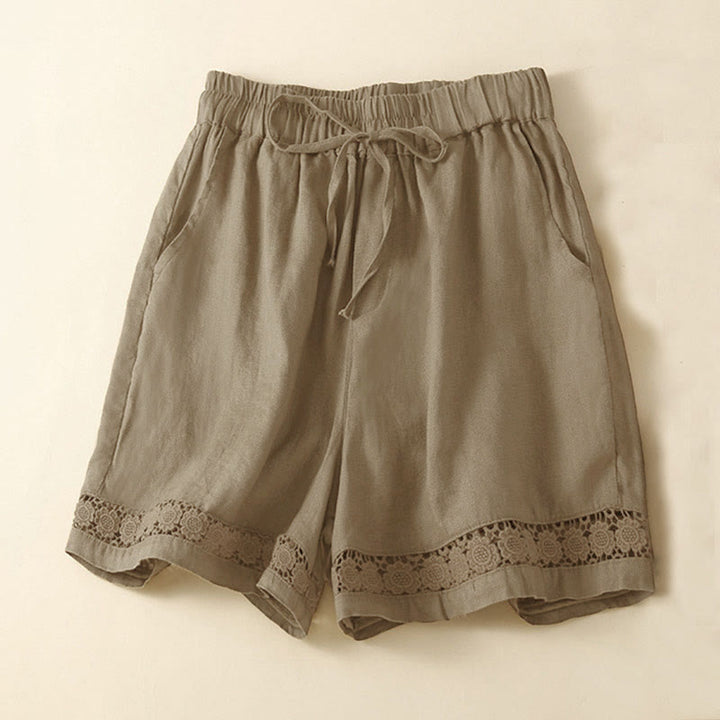 Buddha Stones Plain Color Bottom Hollow Lace Design Lace-up Cotton Women's Shorts With Pockets - Olive - US12，UK/AU16，EU44 (3XL) - image 9