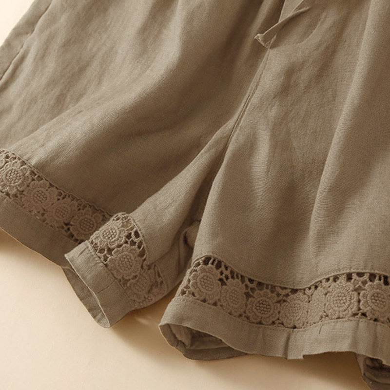 Buddha Stones Plain Color Bottom Hollow Lace Design Lace-up Cotton Women's Shorts With Pockets - image 13
